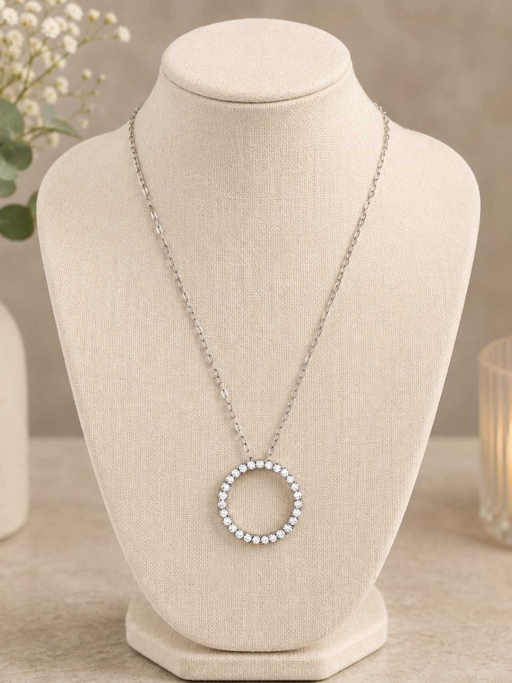 Silver Crystal Circle Pendant Necklace - Women Jewelry